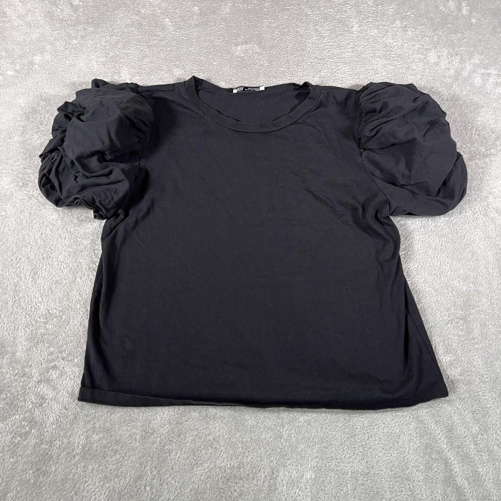 Zara Shirt Womens Small Black Puff Sleeve Ruched Short Sleeve Crew Neck Top